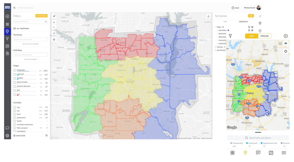 SPOTIO territory management dashboard showing color-coded territory boundaries across Dallas with parent-child hierarchy, pipeline stages from Prospecting to Won, and activity filters for visits, calls, emails, and appointments — with mobile view on the right