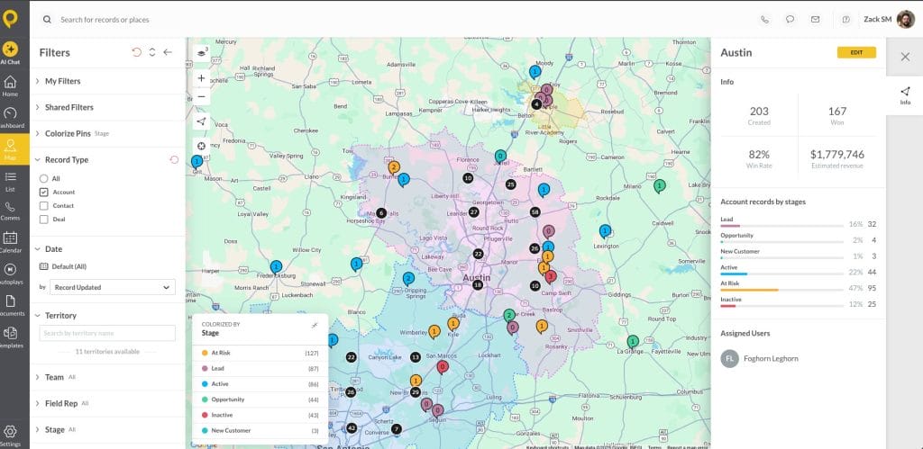 SPOTIO territory map showing the Austin territory with color-coded account pins by stage, territory performance stats including 82% win rate and $1.78M estimated revenue, and account records broken down by pipeline stage